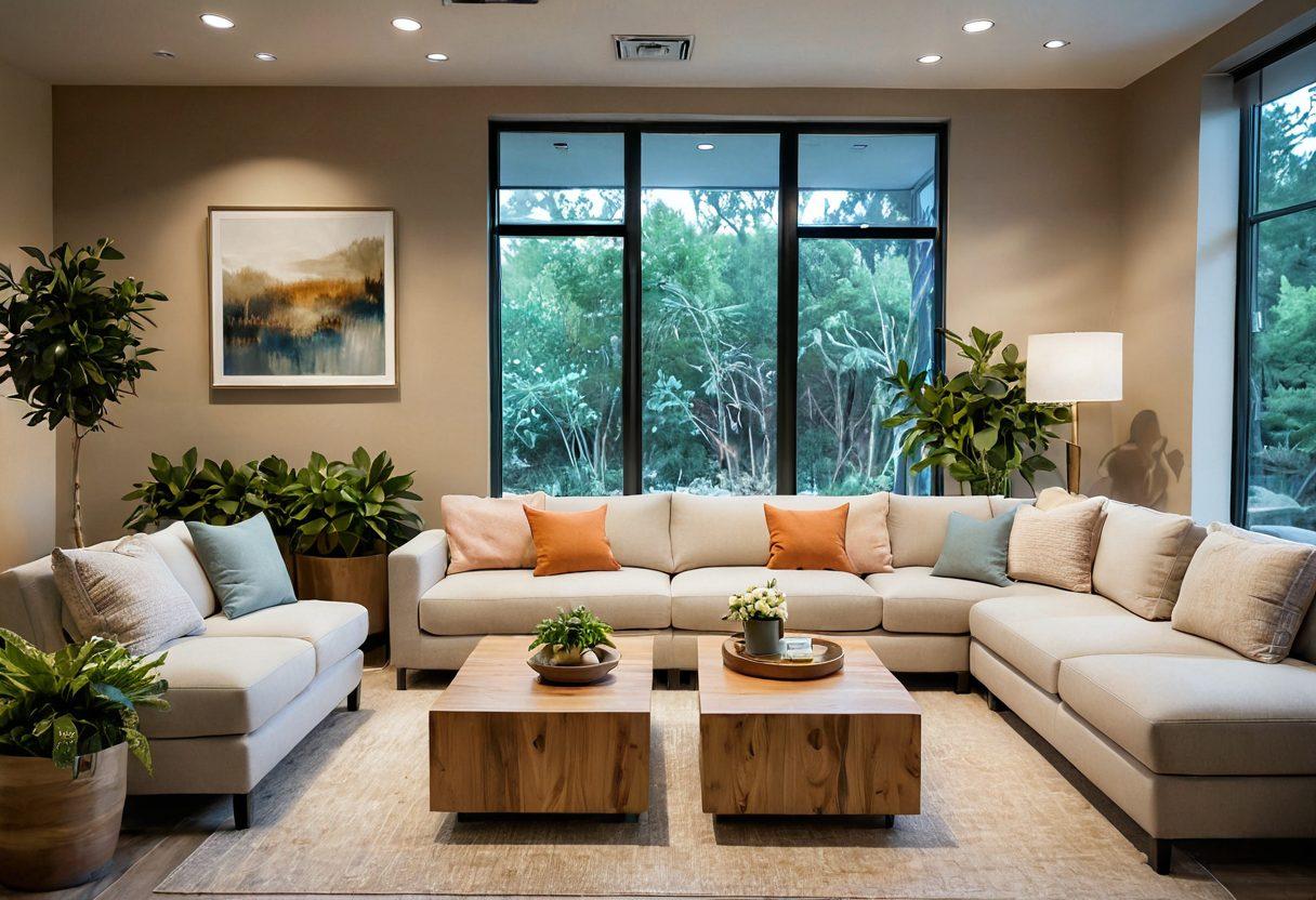 A serene and inviting healing space, featuring functional furniture designed for comfort and support in cancer care, with soft cushions, warm lighting, and calming colors. Incorporate elements of nature like plants and natural textures, along with an area for relaxation and social interaction. Show a diverse group of patients engaging in a supportive activity, symbolizing community and wellness. soft-focus, warm tones, serene atmosphere, contemporary design.