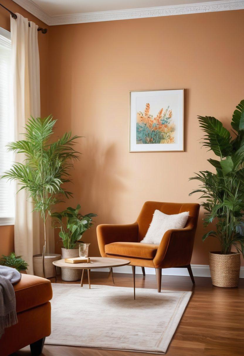 A serene and inviting room showcasing a blend of modern and vintage furniture styles, with soft lighting and warm colors that evoke comfort and tranquility. Incorporate plants and calming artwork on the walls to symbolize emotional well-being. A person peacefully reading in this space, reflecting a journey of healing and hope. elegant, soft-focus, warm tones, inviting atmosphere.