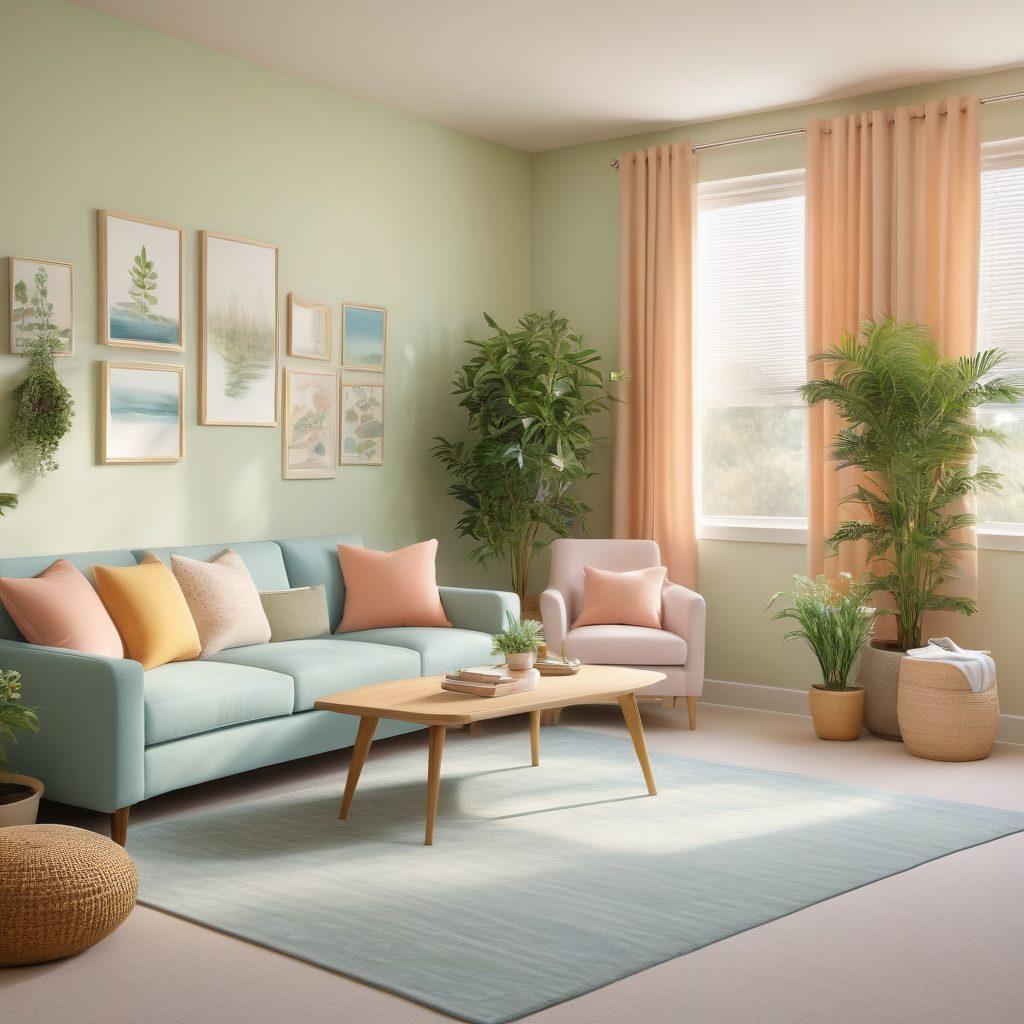 A serene and calming room designed for cancer patients, featuring soft pastel colors, comfortable furniture, and healing elements like plants and natural light. Include cozy seating areas, calming artwork, and wellness-focused accessories like books and meditation cushions. Showcase an atmosphere of tranquility and support, symbolizing thoughtful interior design. super-realistic. warm colors. soft focus.